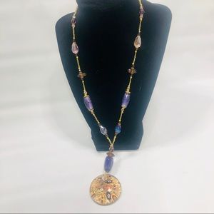 PURPLE AMETHYST JEWELED NECKLACE CIRCLE PENDANT‎
